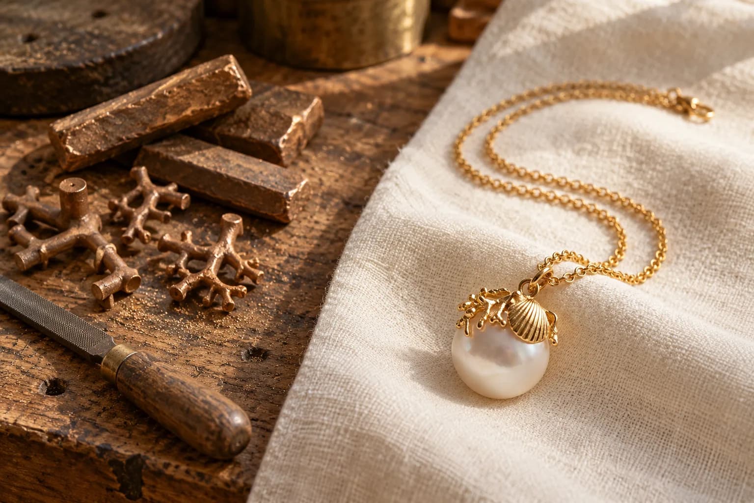 Collar Concha en baño de oro sobre un paño de lino, junto a piezas de bronce en bruto y una lima en un banco de orfebre