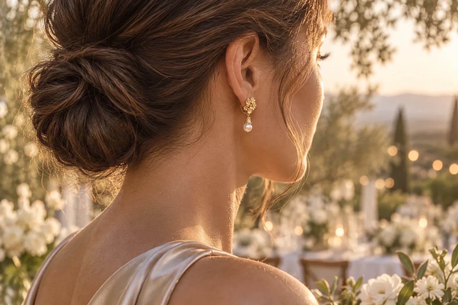 Invitada de perfil con el pelo recogido y los Pendientes Margarita Grande, en una boda al aire libre al atardecer