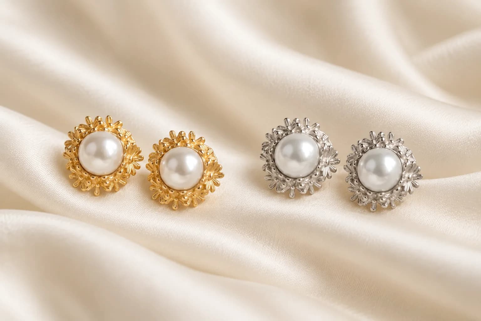 Pendientes Margarita Mini en acabado dorado y en acabado plateado, uno al lado del otro sobre seda marfil