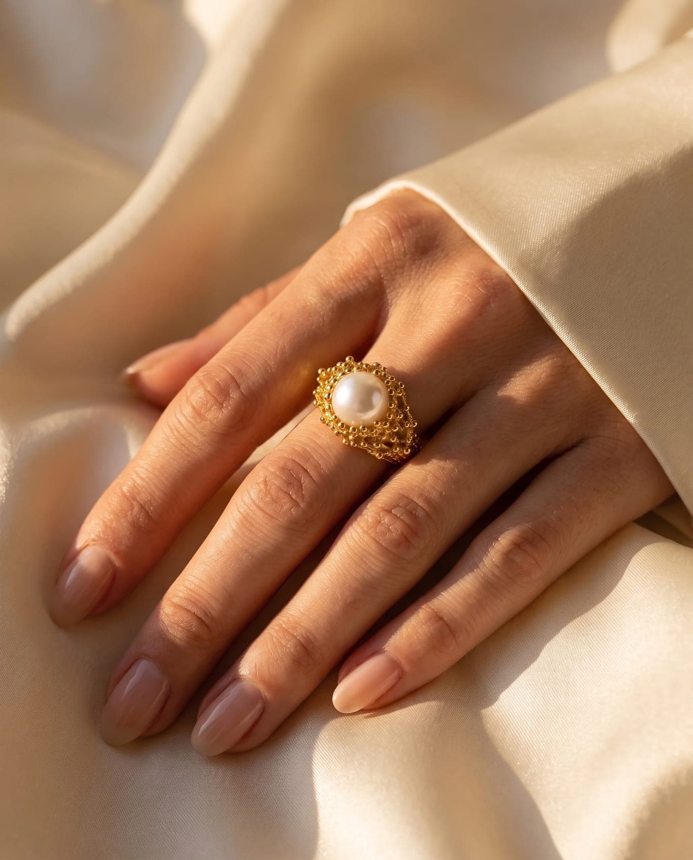Anillos artesanales bañados en oro, luz cálida del Mediterráneo
