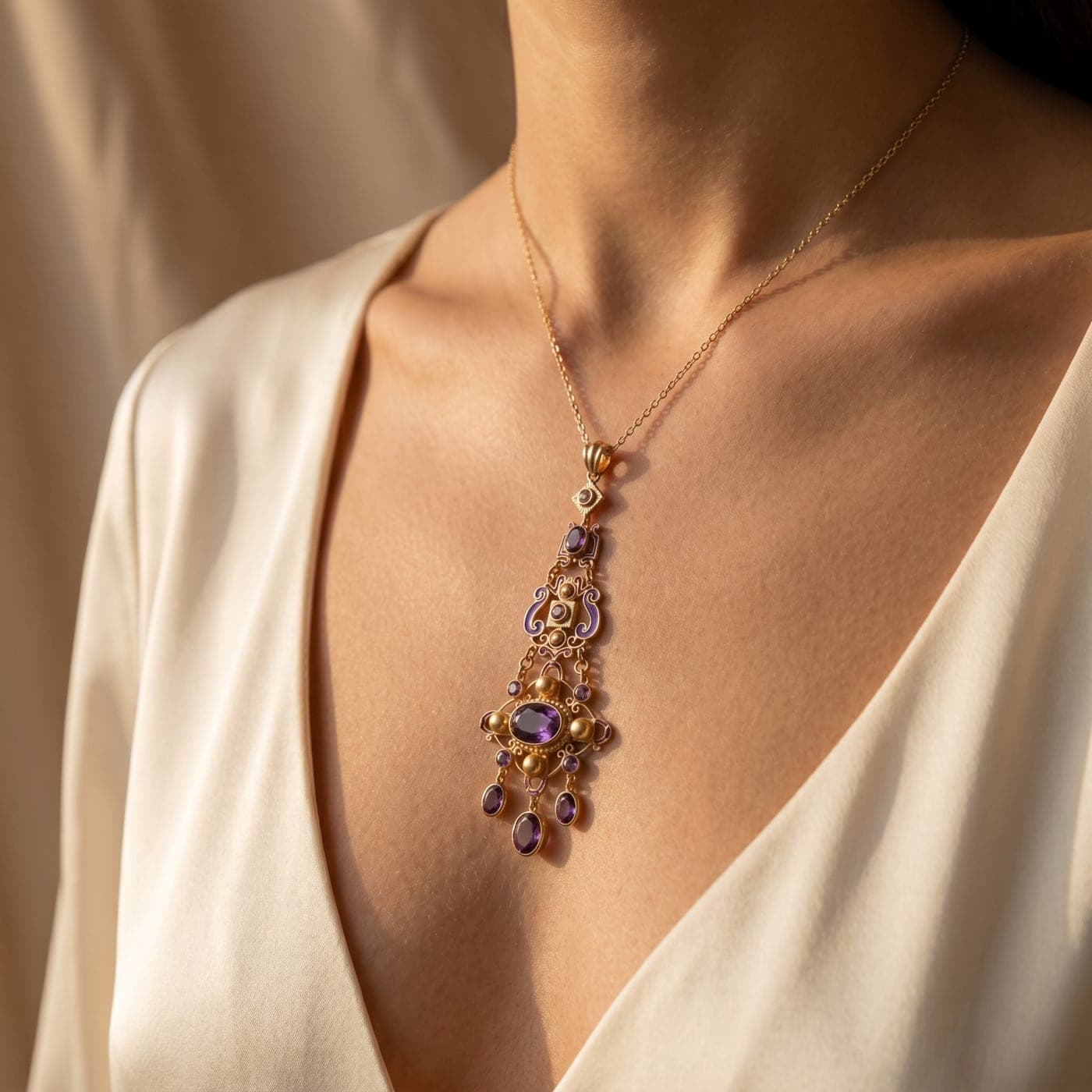 Colección Colección Imperia: joya bañada en oro de la línea sobre seda crema, a la luz cálida