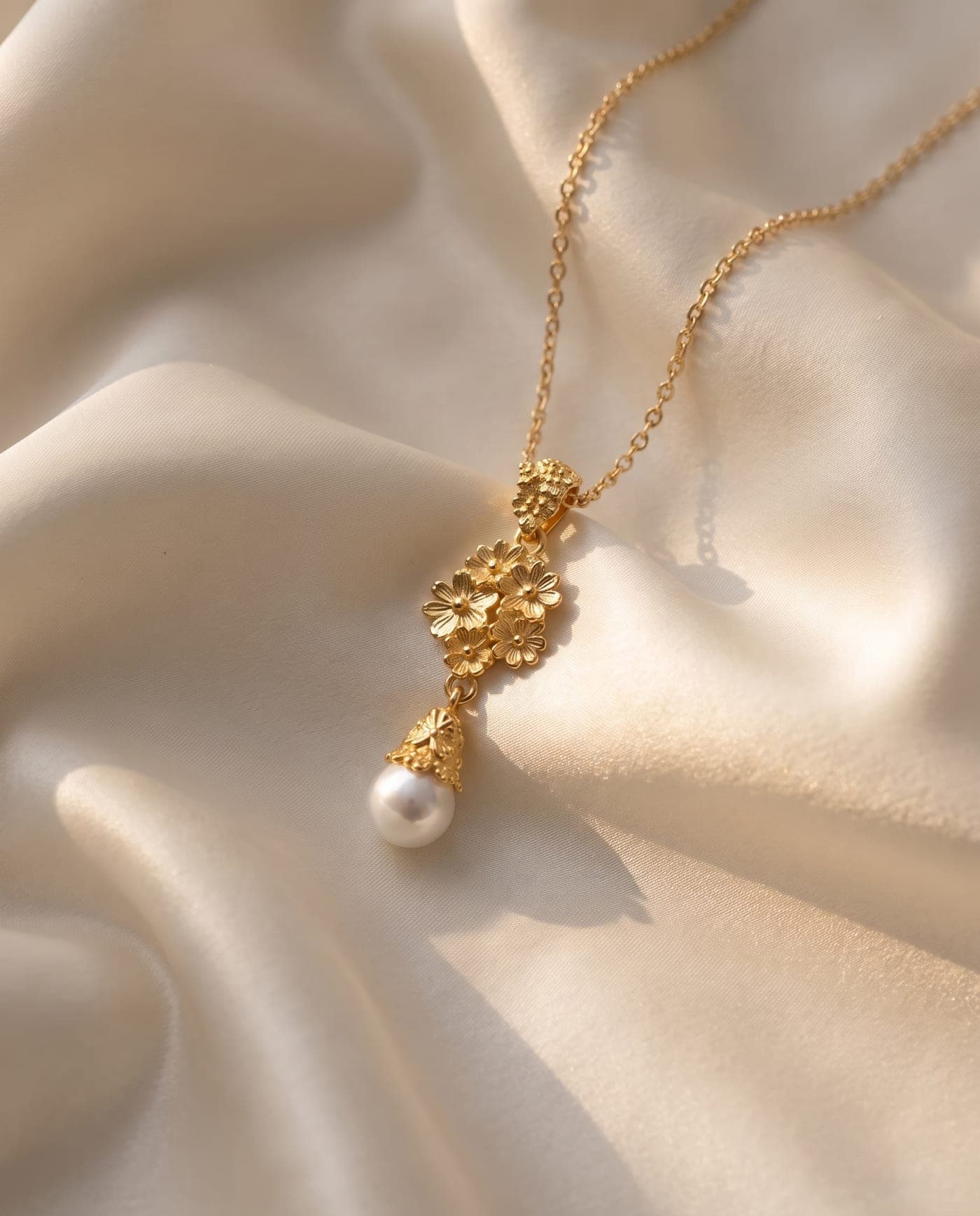 Colección Colección Margarita Grande: joya bañada en oro de la línea sobre seda crema, a la luz cálida