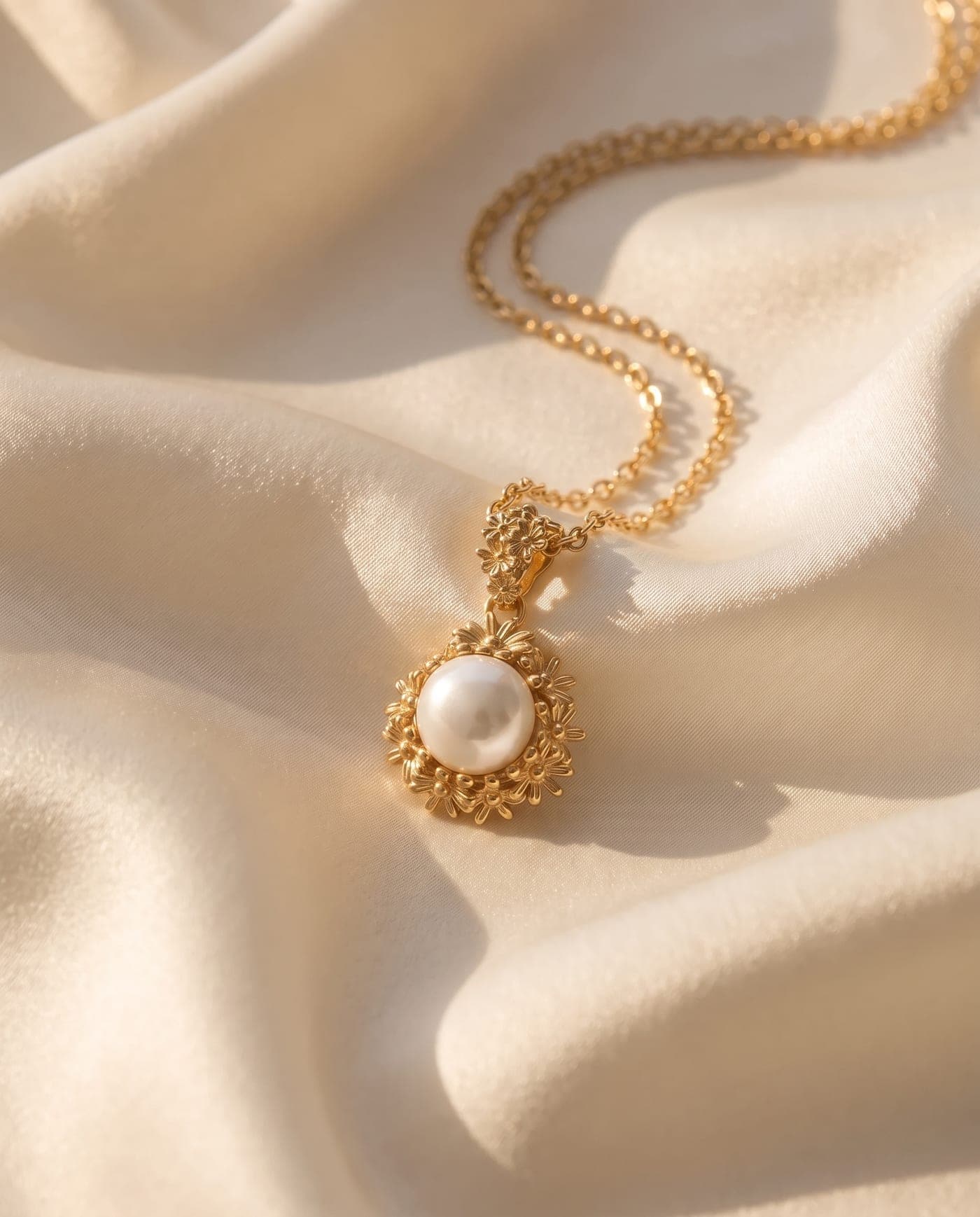 Colección Colección Margarita Mini: joya bañada en oro de la línea sobre seda crema, a la luz cálida