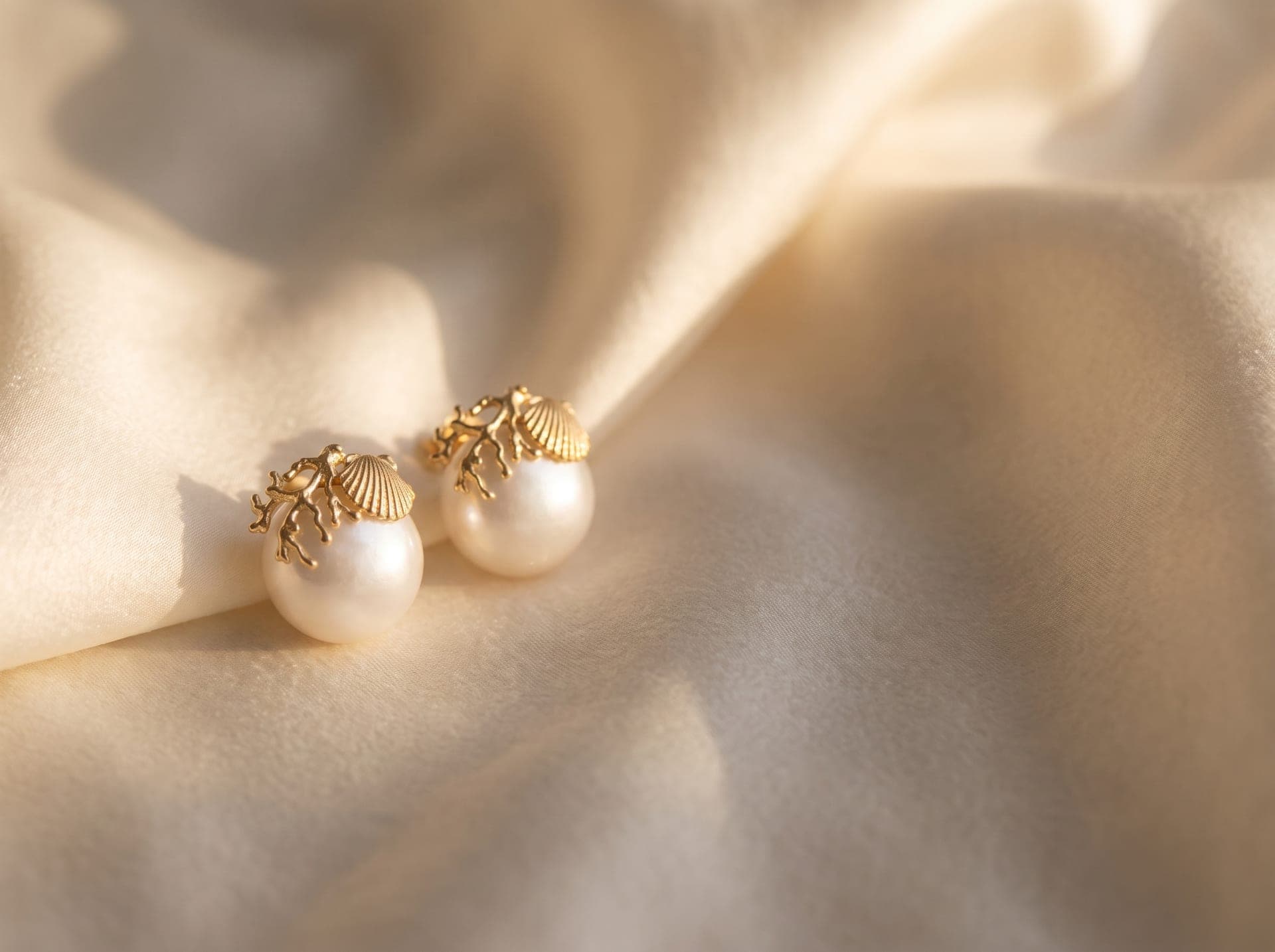 Pendientes de concha bañados en oro sobre seda crema, a la luz cálida
