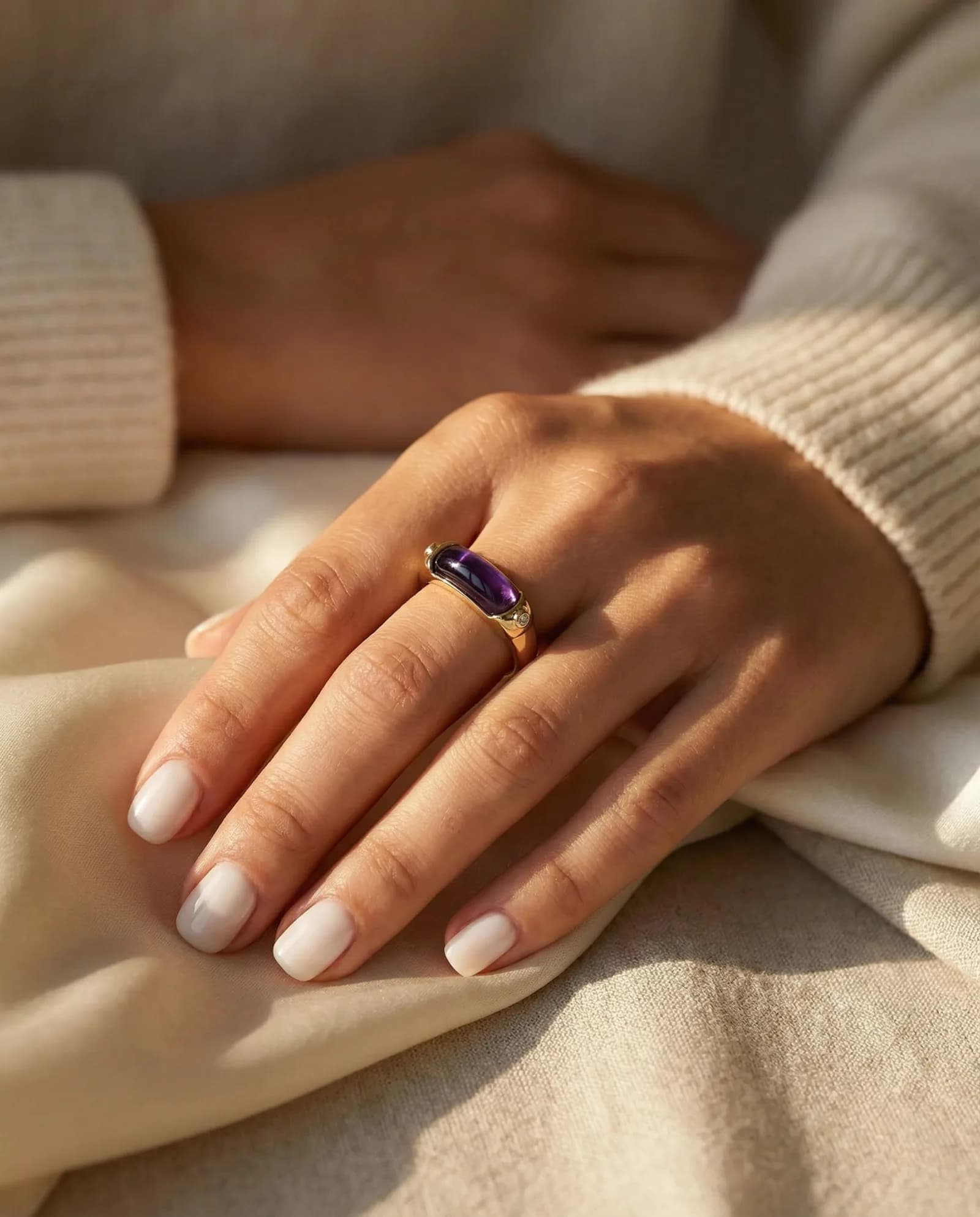 Anillo Puente Ancho - Piedra lisa, Amatista violeta · Oro amarillo
