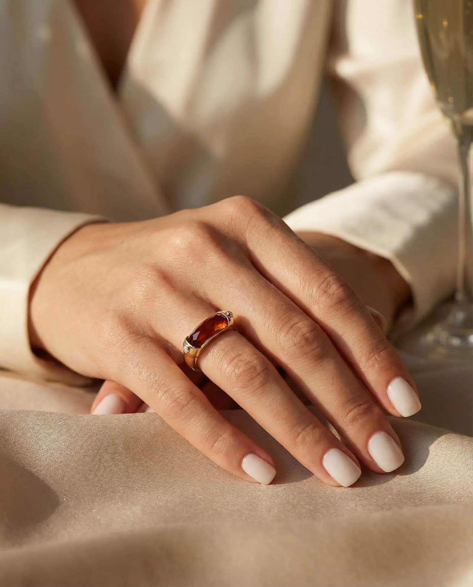 Anillo Puente Ancho - Piedra facetada, Naranja oscuro · Oro amarillo