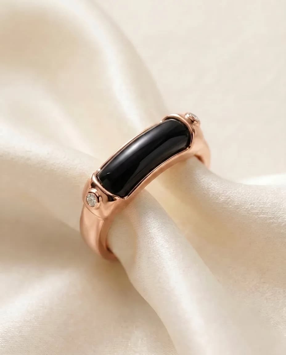 Anillo Puente Ancho - Piedra lisa, Ónix negro · Oro rosa