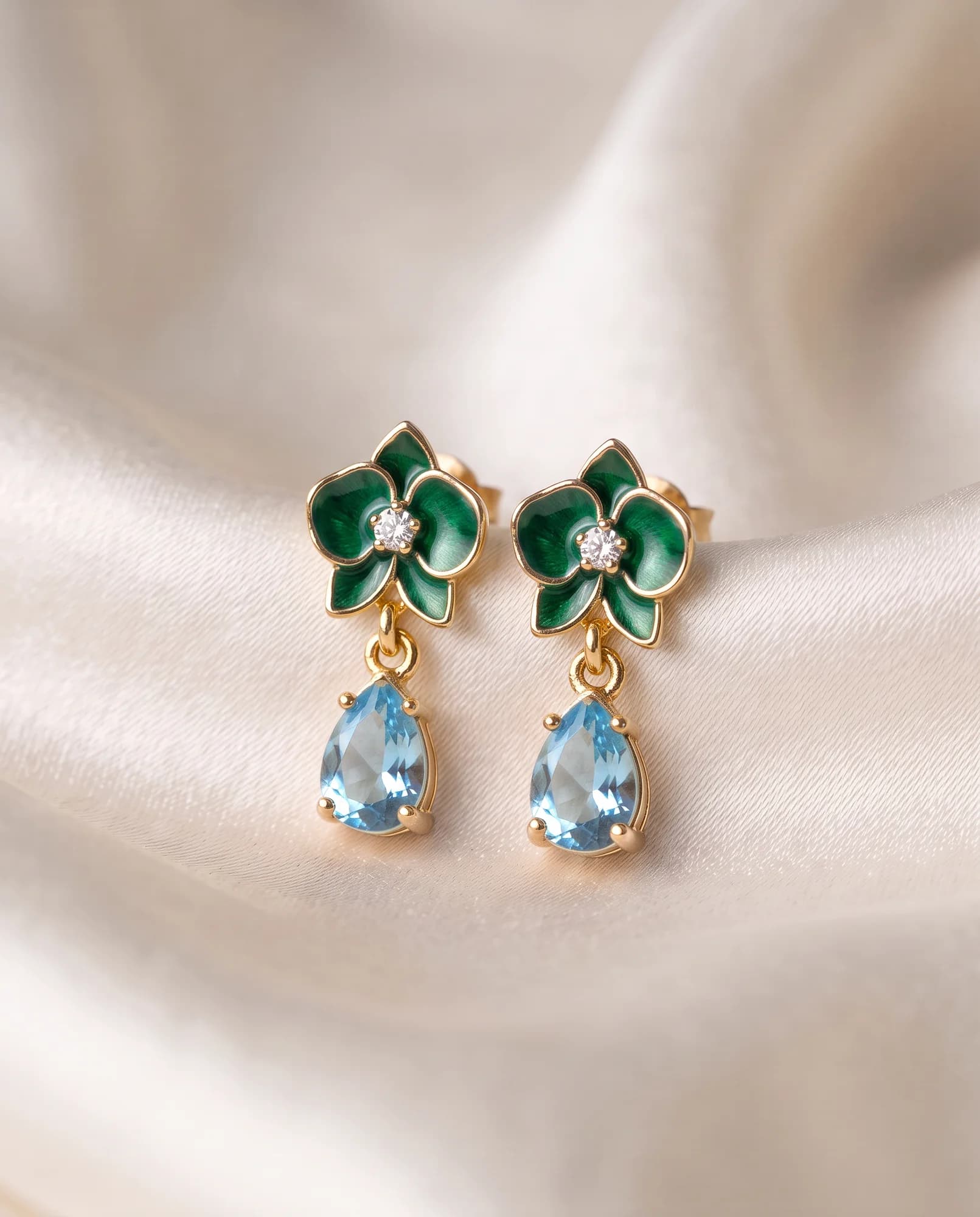 Pendientes Orquídea, Verde y aguamarina