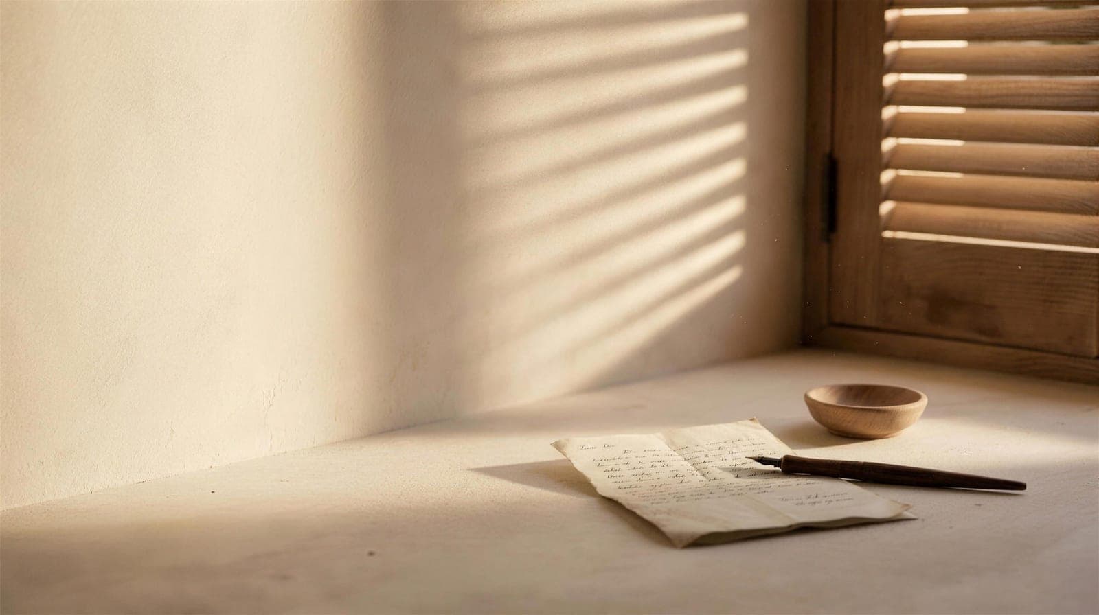 Luz de tarde entrando por una contraventana de madera sobre una pared de cal, junto a una carta escrita a mano y una pluma