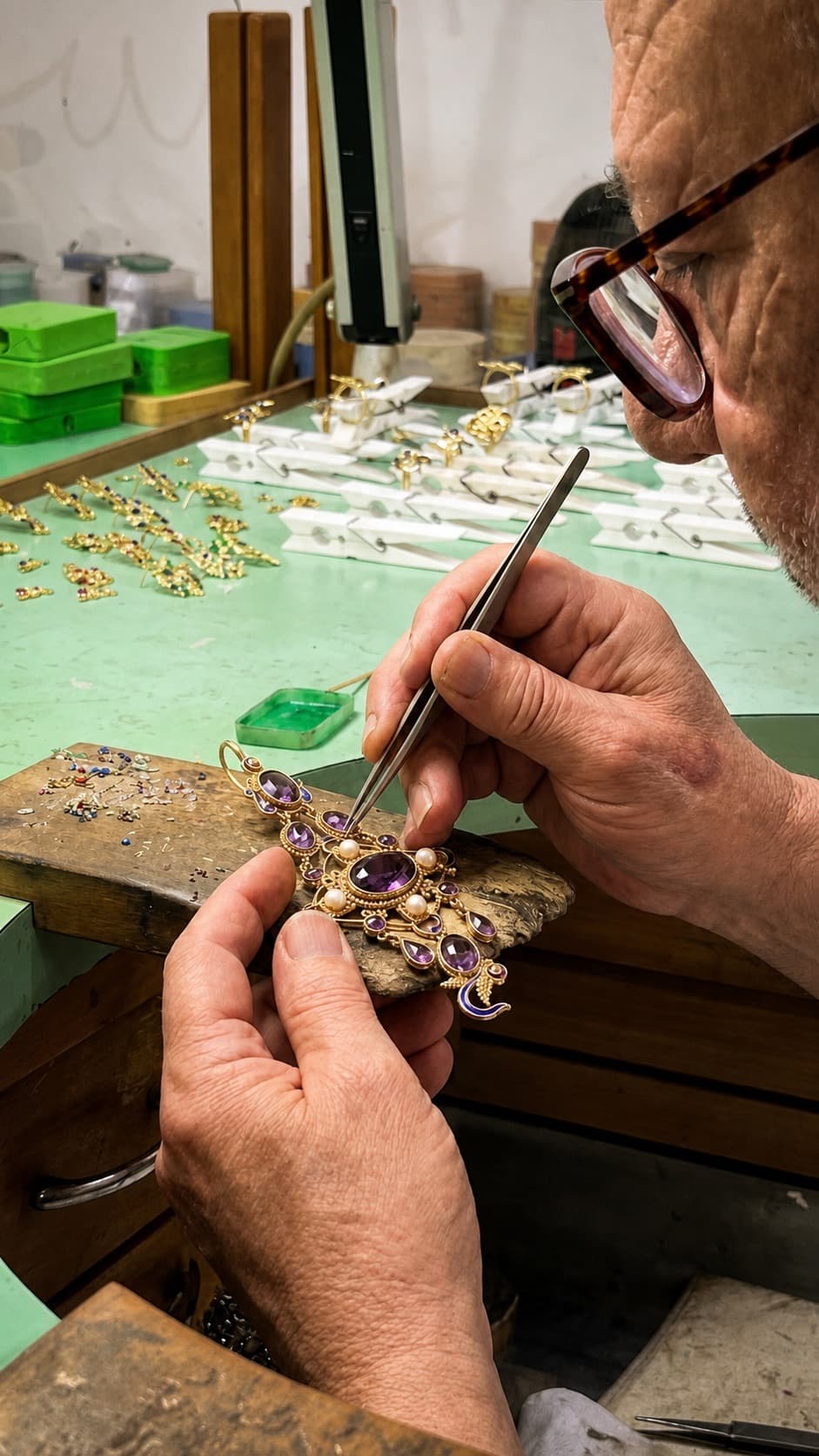 Artesano trabajando a mano una joya con piedras de colores en su banco de trabajo